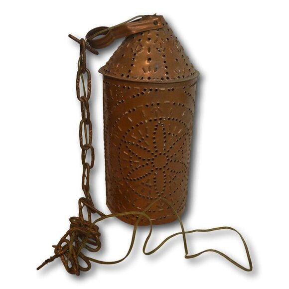 Vintage 60s Copper Hanging Lantern Lampshade Pierced Design 17" Retro Patio Man